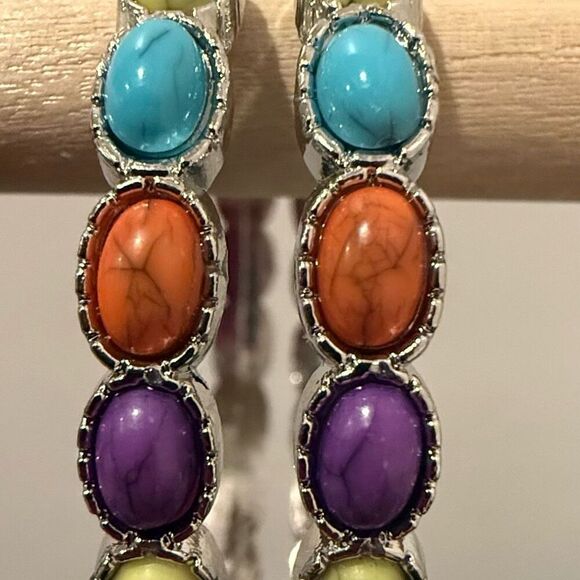 Southwest Style Hoop Earrings – Colorful Cabochons in Hopi Zuni Navajo Tones - Picture 3 of 6